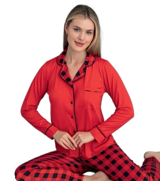 Valentina Uzun Kol Düğmeli Kadın Pijama Takımı Ev Giyim Hediyelik ürün görseli