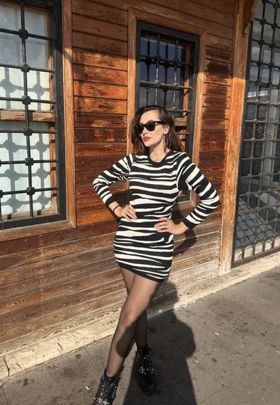 Kadın Uzun Kollu Siyah Beyaz Zebra Desen Triko Elbise - Resim 2