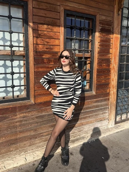Kadın Uzun Kollu Siyah Beyaz Zebra Desen Triko Elbise - Resim 3