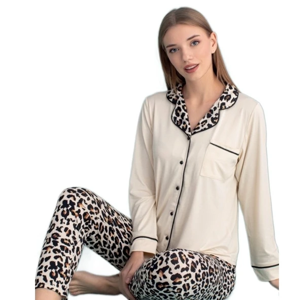 Bella Casa Tasarım Uzun Kollu Önden Düğmeli Kadın Pijama Takımı Ev Giyim Hediyelik ürün görseli