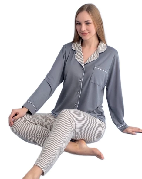 Gabriella Uzun Kollu Düğmeli Kadın Pijama Takımı Ev Giyim Hediyelik ürün görseli