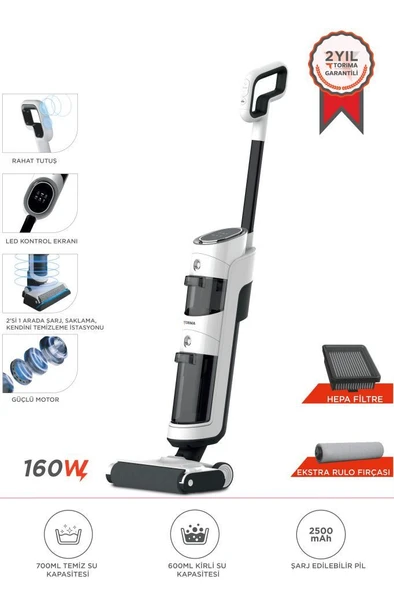 Torima FW-1000 Beyaz Şarjlı Islak Kuru Dikey Süpürge Ve Yüzey Temizleyici Mop ürün görseli