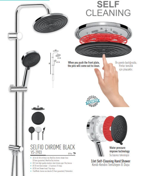VALTEMO Selfio Chrome Black Kendini Temizleyen Duş Seti VS-2903  3 Fonksiyonlu El & Tepe Duşu  Kireç Önleyici  2 Yıl Garanti  Modern Banyo - Resim 3