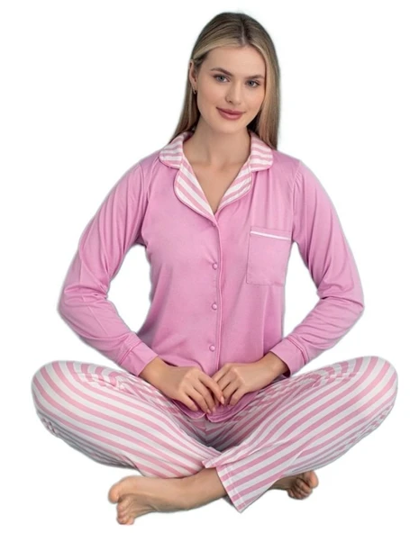 Francesca Notte Uzun Kollu Önden Düğmeli Kadın Pijama Takımı S/2XL Ev Giyim Hediyelik ürün görseli