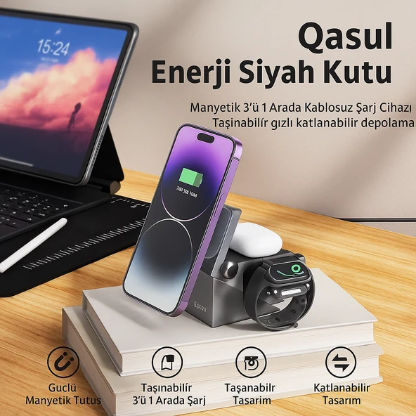 Manyetik Kablosuz 3 ü 1 Arada Şarj İstasyonu 15W Hızlı Şarj, Telefon, Kulaklık ve Akıllı Saat Uyumlu - 3