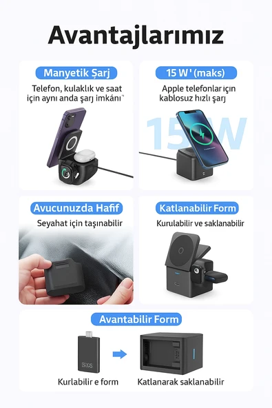 Manyetik Kablosuz 3 ü 1 Arada Şarj İstasyonu 15W Hızlı Şarj, Telefon, Kulaklık ve Akıllı Saat Uyumlu - 4