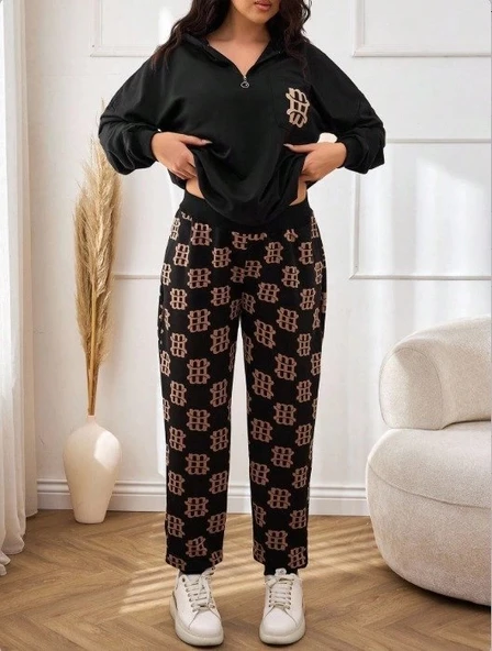 Kadın Uzun Kollu Iki Iplik Kumaş Fermuar Ve Cep Detay Kapüşonlu Ikili Takım - Resim 3