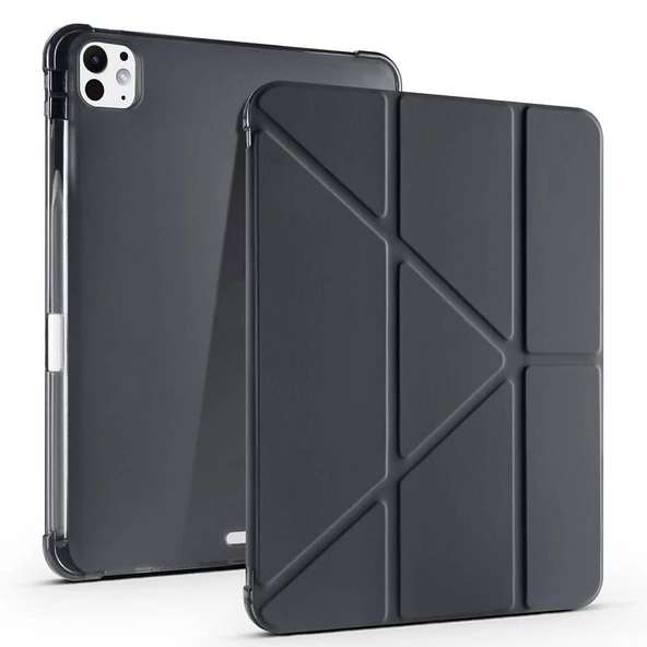 iPad Pro 11 inç M4 2024 Uyumlu Kılıf Üçgen Katlanabilir Kalem Şarj Bölmeli Kılıf A2836 A2837 A3006  Siyah ürün görseli