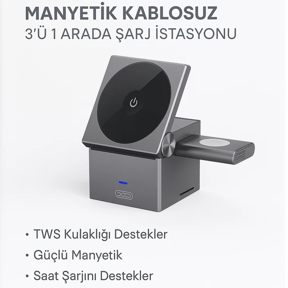 Manyetik Kablosuz 3 ü 1 Arada Şarj İstasyonu 15W Hızlı Şarj, Telefon, Kulaklık ve Akıllı Saat Uyumlu
