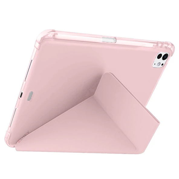 iPad Pro 11 inç M4 2024 Uyumlu Kılıf Üçgen Katlanabilir Kalem Şarj Bölmeli Kılıf A2836 A2837 A3006  Pembe - 5