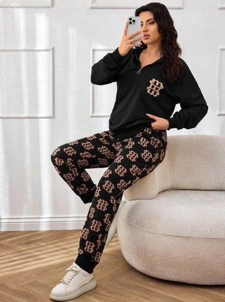 Kadın Uzun Kollu Iki Iplik Kumaş Fermuar Ve Cep Detay Kapüşonlu Ikili Takım ürün görseli