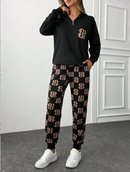 Kadın Uzun Kollu Iki Iplik Kumaş Fermuar Ve Cep Detay Kapüşonlu Ikili Takım - Resim 2