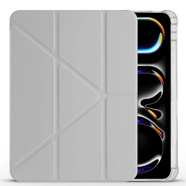 iPad Pro 11 inç M4 2024 Uyumlu Kılıf Üçgen Katlanabilir Kalem Şarj Bölmeli Kılıf A2836 A2837 A3006  Gri - Resim 3