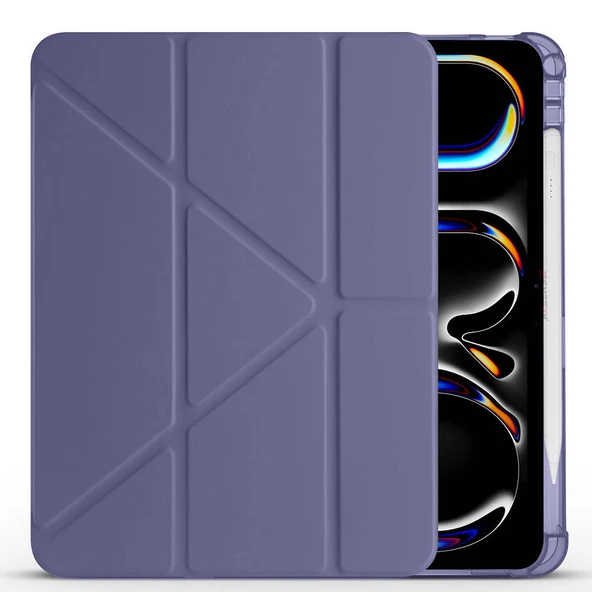 iPad Pro 11 inç M4 2024 Uyumlu Kılıf Üçgen Katlanabilir Kalem Şarj Bölmeli Kılıf A2836 A2837 A3006  Lavanta - Resim 3