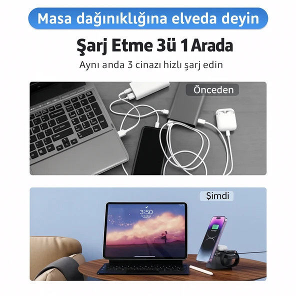 Manyetik Kablosuz 3 ü 1 Arada Şarj İstasyonu 15W Hızlı Şarj, Telefon, Kulaklık ve Akıllı Saat Uyumlu - 2