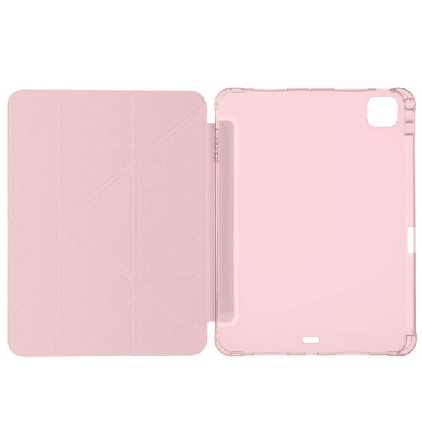 iPad Pro 11 inç M4 2024 Uyumlu Kılıf Üçgen Katlanabilir Kalem Şarj Bölmeli Kılıf A2836 A2837 A3006  Pembe - 2