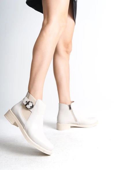 LUNA Fermuarlı Lastikli Ortopedik Taban Topuklu Kadın Bot CKT - Krem - Resim 3