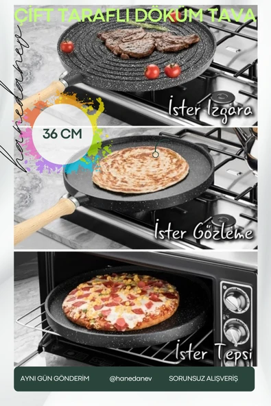 Çift Taraflı Granit Döküm Bazlama Gözleme Izgara Tava Fırında Izgara Börek Tavası 36 Cm Büyük Boy