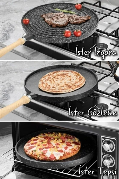 Çift Taraflı Granit Döküm Bazlama Gözleme Izgara Tava Fırında Izgara Börek Tavası 36 Cm Büyük Boy - 7