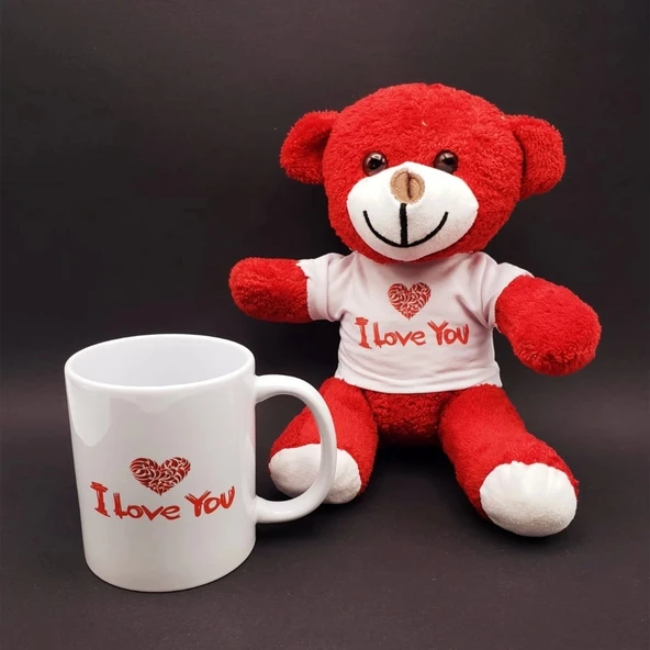 I Love You Baskılı Kupa Ve Kırmızı Ayıcık Seti ürün görseli