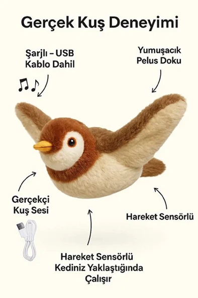 Peluş Kuş Kedi Oyuncağı Kanat Çırpan Sesli Olta İpe Asılabilir Hareketli Şarjlı Oyuncak (Uçma Yok) - Resim 3