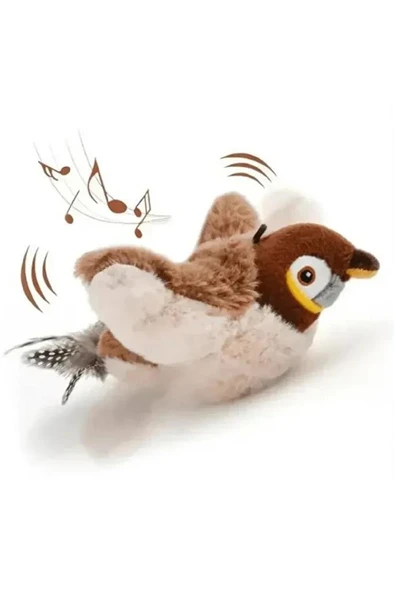 Peluş Kuş Kedi Oyuncağı Kanat Çırpan Sesli Olta İpe Asılabilir Hareketli Şarjlı Oyuncak (Uçma Yok) - Resim 2