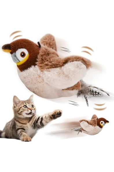 Peluş Kuş Kedi Oyuncağı Kanat Çırpan Sesli Olta İpe Asılabilir Hareketli Şarjlı Oyuncak (Uçma Yok) ürün görseli 1