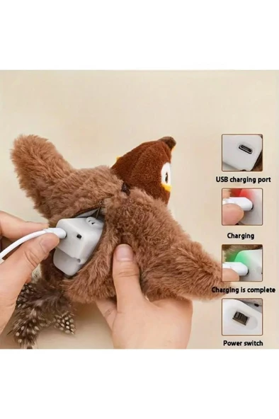 Peluş Kuş Kedi Oyuncağı Kanat Çırpan Sesli Olta İpe Asılabilir Hareketli Şarjlı Oyuncak (Uçma Yok) - Resim 4