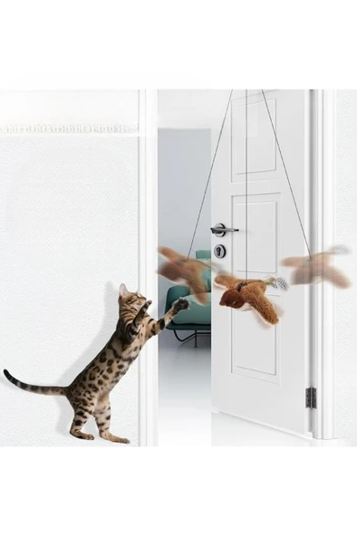 Peluş Kuş Kedi Oyuncağı Kanat Çırpan Sesli Olta İpe Asılabilir Hareketli Şarjlı Oyuncak (Uçma Yok) - Resim 7