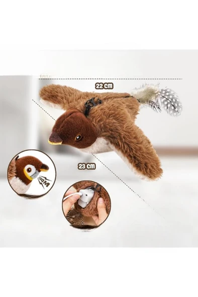 Peluş Kuş Kedi Oyuncağı Kanat Çırpan Sesli Olta İpe Asılabilir Hareketli Şarjlı Oyuncak (Uçma Yok) - Resim 6