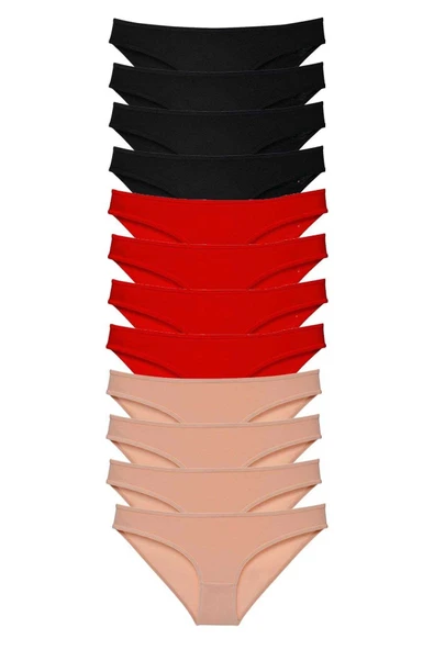 12 adet Süper Eko Set Likralı Kadın Slip Külot Siyah Kırmızı Ten ürün görseli