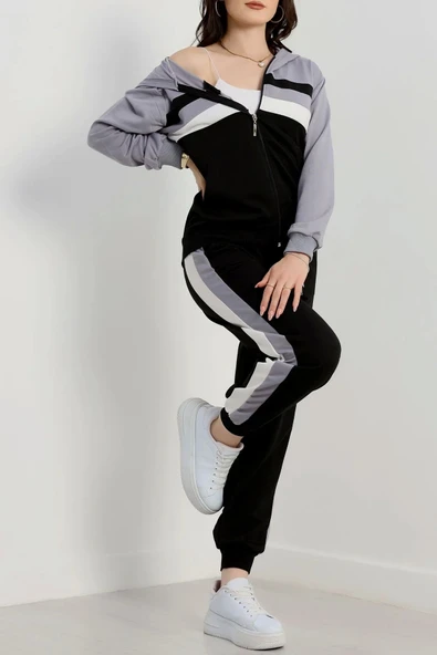 2 iplik alt üst eşofman takımı siyah gri - Resim 3