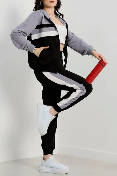 2 iplik alt üst eşofman takımı siyah gri - Resim 4