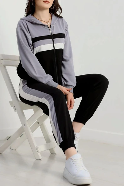 2 iplik alt üst eşofman takımı siyah gri - Resim 8
