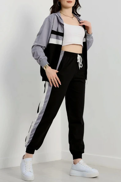 2 iplik alt üst eşofman takımı siyah gri ürün görseli