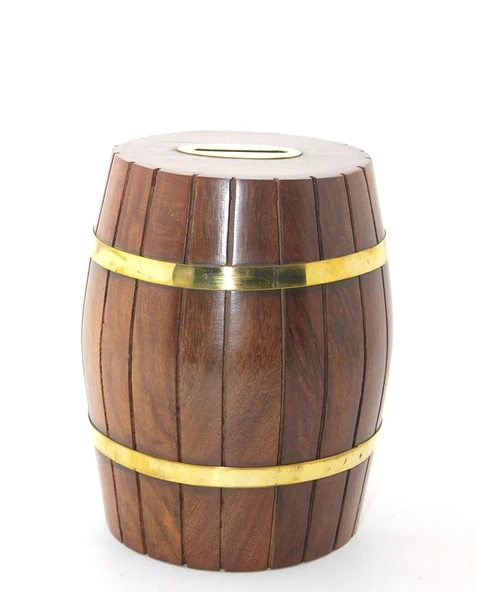 Pirinç Ahşap Fıçı Kumbara 15 Cm Wb538 - 1
