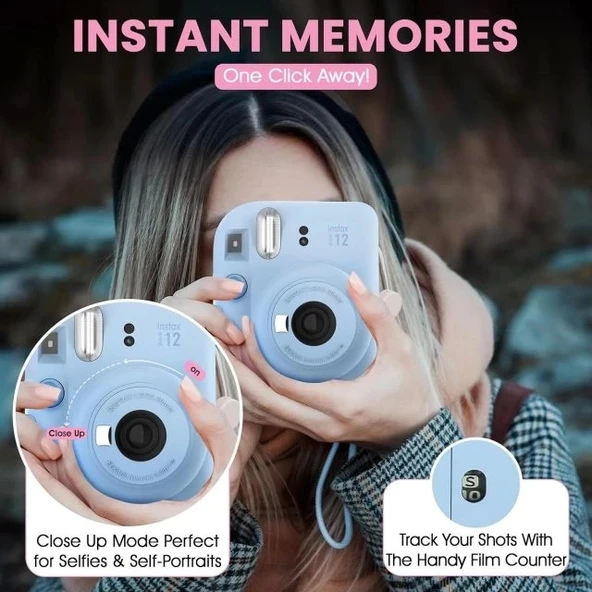 Fujifilm Instax Mini 12 Anlık Fotoğraf Makinesi/Minimate Özel Kılıf/10 Sayfa - Mavi - 8