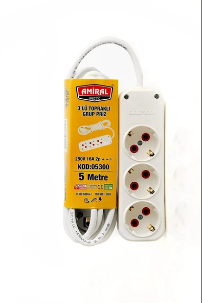 Amiral 3' Lü Topraklı 5 Metre Kablolu Grup Priz - 1