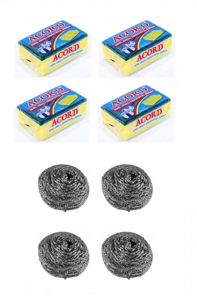 4 Adet Endüstriyel Bulaşık Teli ve 4 Adet Endüstriyel Çok Amaçlı Bulaşık Süngeri Seti ürün görseli 1