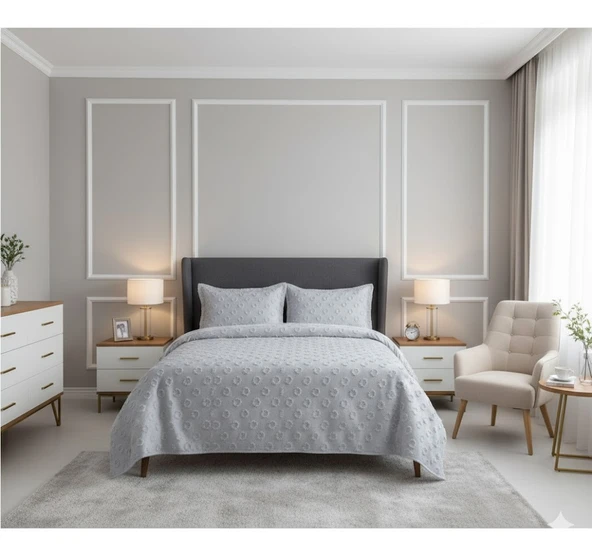 JAKARLI  SAKALLI YATAK ÖRTÜSÜ TEK KİŞİLİK DAMLA GRİ ürün görseli