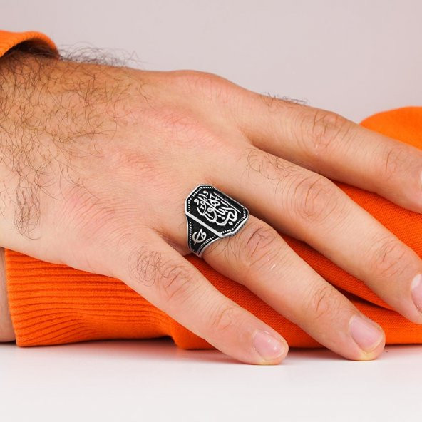 Edeb Ya Hu Yazılı Elif Vav Tuğra Motifli 925 Ayar Gümüş Yüzük - Resim 2