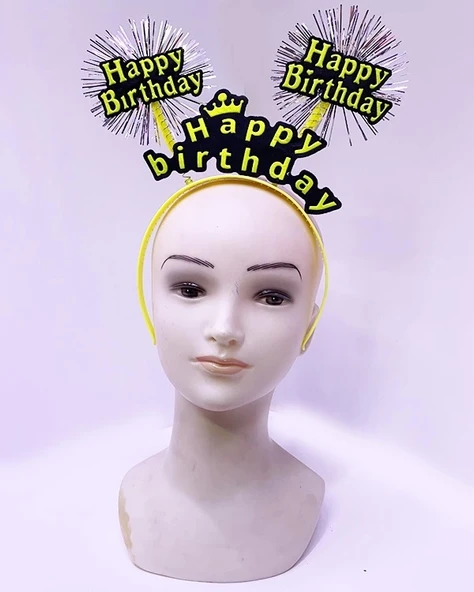Happy Birthday Püsküllü Neon Sarı Renk Doğum Günü Tacı 22x19 Cm ürün görseli