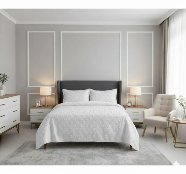 JAKARLI  SAKALLI YATAK ÖRTÜSÜ TEK KİŞİLİK DAMLA EKRU ürün görseli