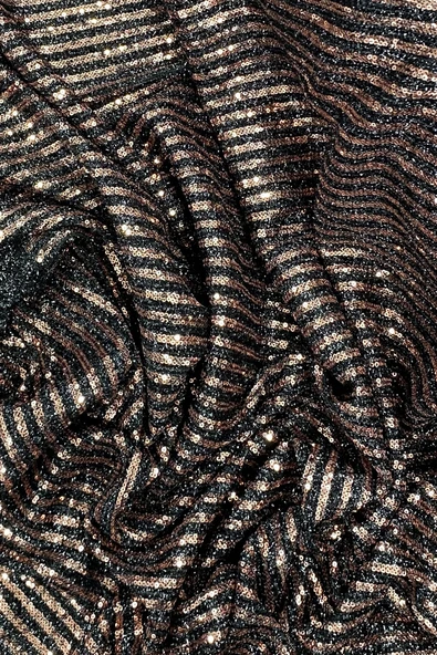 Sakallı Çizgili Pullu Kumaş  Pullu Payet Kumaş Abiye Nişan Düğün Siyah Bakır - Resim 2