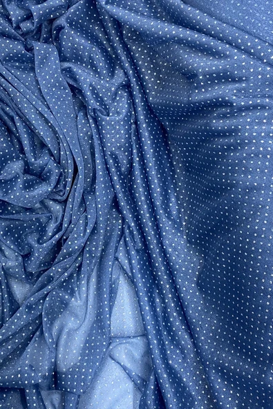 Yağmur Damlası Simli Abiye Elbise Şallık Tül Kumaş İndigo Mavi 89 - Resim 2