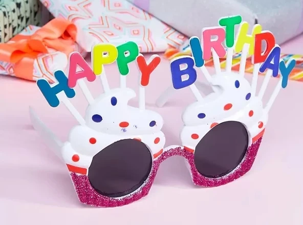 Happy Birthday Yazılı Beyaz Fuşya Renk Parti Gözlüğü 12x7 Cm - 1