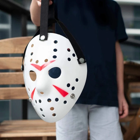 Beyaz Renk Kırmızı Çizgili Tam Yüz Hokey Jason Maskesi Hannibal Maskesi - Resim 7