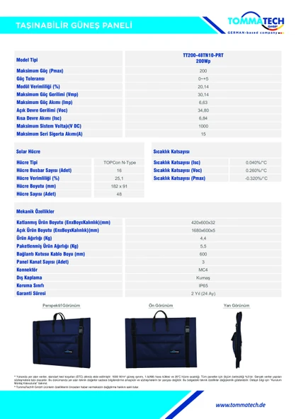 TommaTech 200Wp Taşınabilir Güneş Paneli - Resim 8
