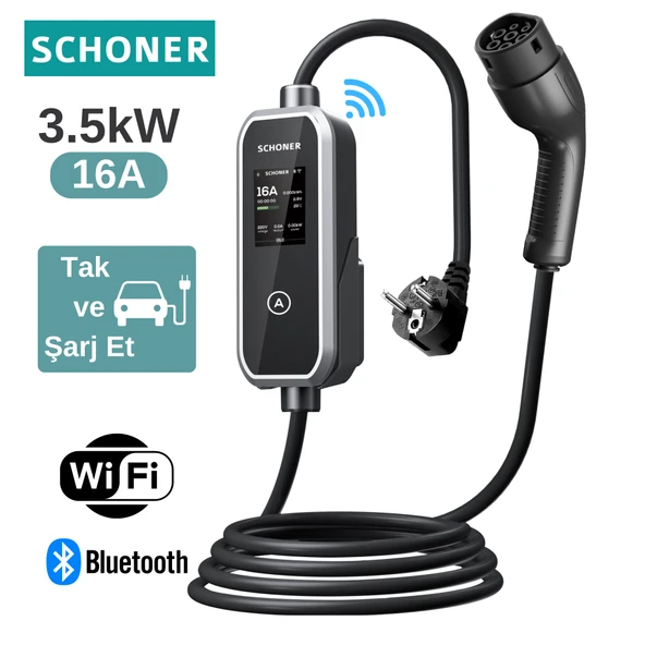 Schoner 3.5kw Taşınabilir Elektrikli Araç Şarj Istasyonu -Tak ve Şarj Et- Wi-Fi / Bluetooth Smart 5 Metre Tip2 Kablolu - 1