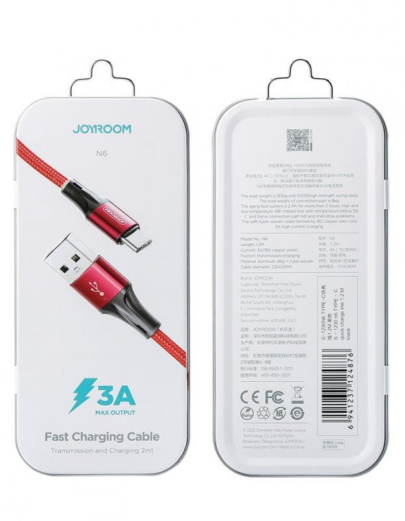 Joyroom S-1230N6 Type-C Hızlı Şarj ve Data Kablosu Örgü 3A 1.2M Kırmızı - 2